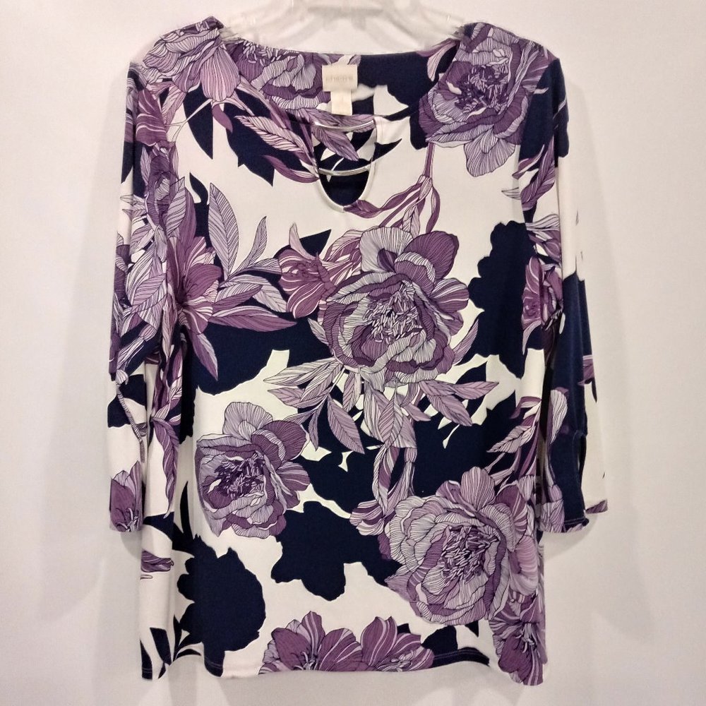 CHICO'S Sz 2 Large Purple/White Floral Stretch Top